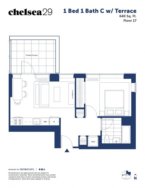 Floor plan for 1 bed, 1 bath, 640 sqft